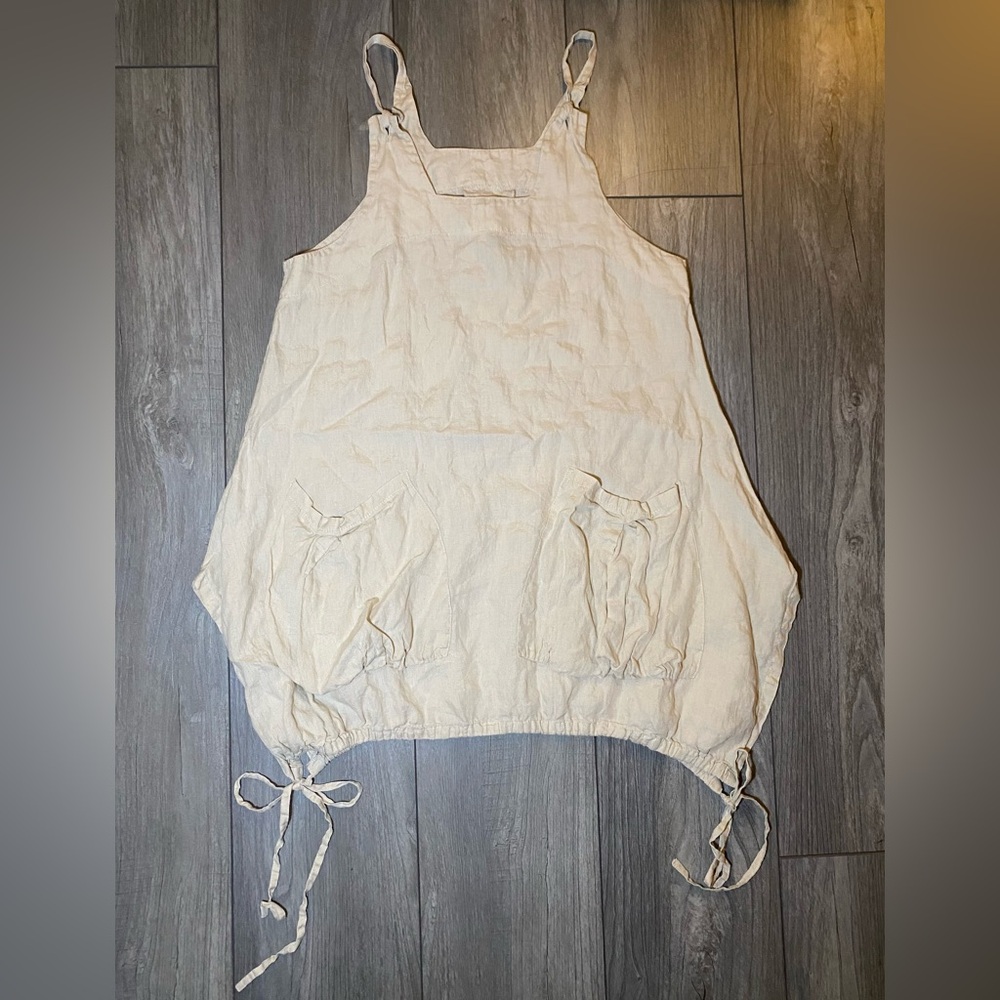 EUC GERSHONB R A M Cream/Beige 100% Linen Lagenlook Jumper Dress w/ Drawstrings